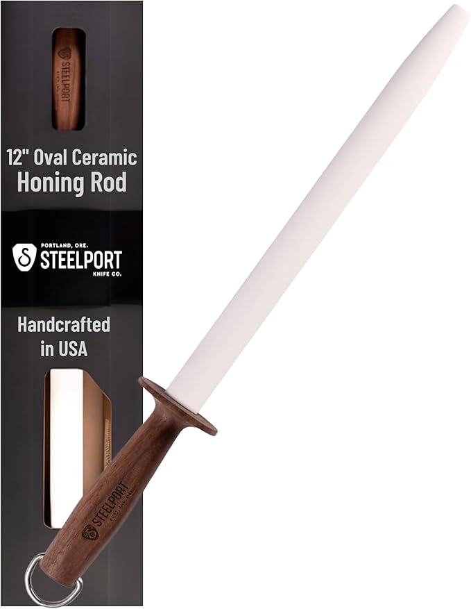 STEELPORT 12 inch Oval Ceramic Honing Rod | Professional Knife Sharpener Rod with Oregon Black Walnut Handle, Safety Guard | Premium Blade Sharpener For All Knifes | Ideal Gift for Chefs, Home Cooks