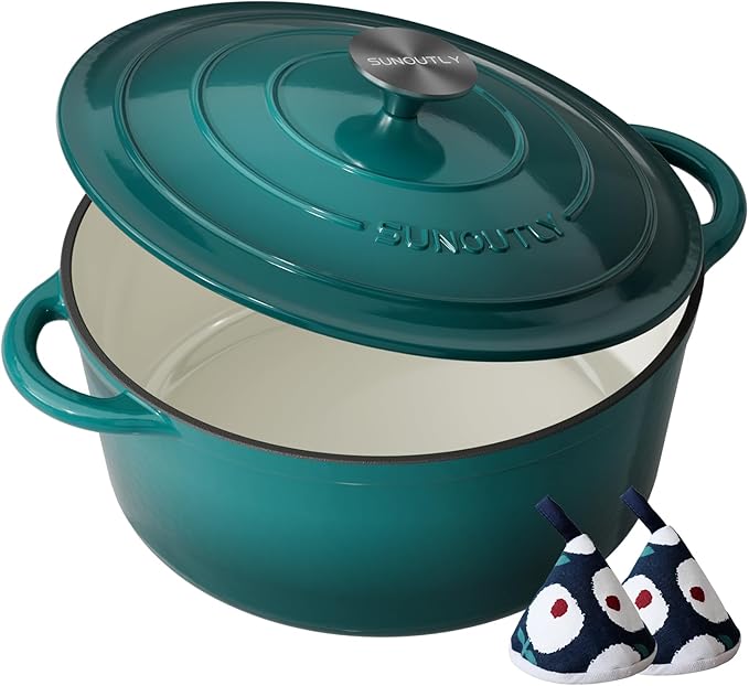 Enameled Cast Iron Dutch Oven - 4.5QT Pot with Lid & Cotton Potholders - Heavy-Duty Cookware for Braising, Stews, Roasting, Bread Baking, Oven Safe up to 500°F & Across All Stovetops, Bottle Green