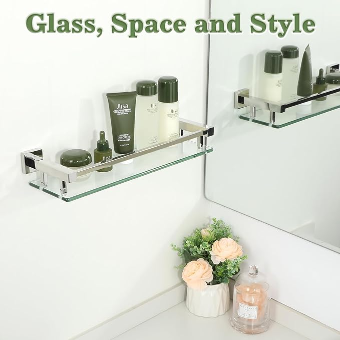Alise Bathroom Glass Shelf with Stainless Steel Railing, Polished Chrome Small Tempered Glass Floating Wall Shelf Over The Toilet, 16 inch