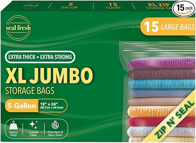 5 Gallon Large Plastic Storage Bags – 18" x 24" (15 Count) – Reusuable XXL Extra Large Heavy Duty Clear Jumbo Freezer Zip Bags with Sealable Zipper Top For Clothes, Travel, Moving