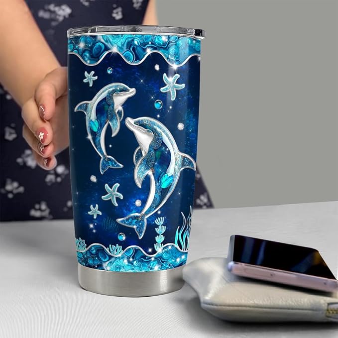 SANDJEST Dolphin Gifts for Women Girls Dolphin Tumbler 20oz Jewelry Drawings Stainless Steel Insulated Tumblers Coffee Travel Mug Cup Gift for Birthday Christmas