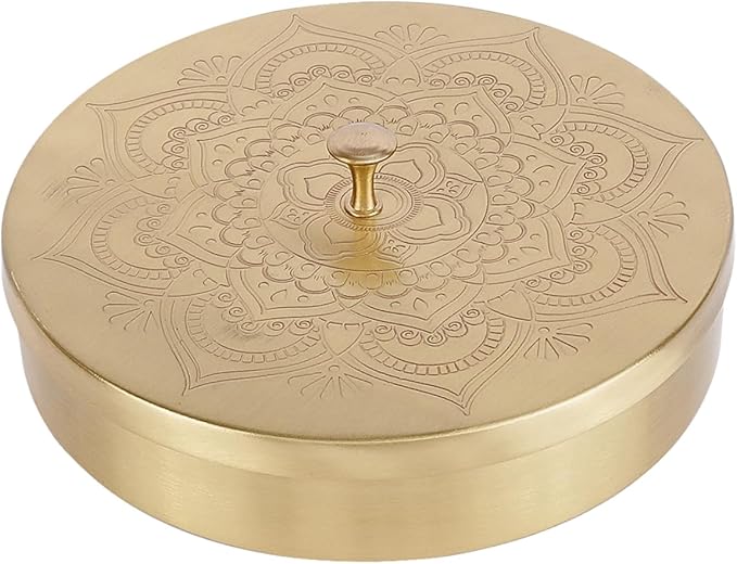 Brass Round Spice Box Masala Dabba-Spice Box Set With Spoon Container 90 ML Indian Masaladanni for Kitchen Counter 8 Inch With Spoon (Floral, 8 Inch (Medium Family)