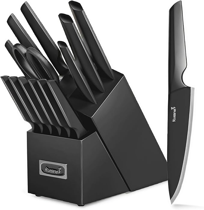 KUISINE Upgraded Chef Knife Set One Piece Molding High Carbon Stainless Steel,Super Sharp Blade Ergonomic Steel Handle,Knife Block Set with Built-in Sharpener(EX Black Pro,15PCS)