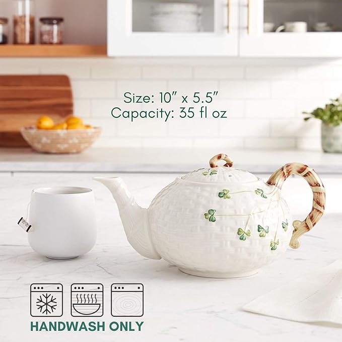 Belleek Classic Shamrock Fine Parian China Tea Pot - 35 oz Irish Handmade Loose Leaf Teapot - Microwave Safe Ceramic Tea Pot - Porcelain Teapot for Tea Service, Decorative Teapots & Coffee Servers