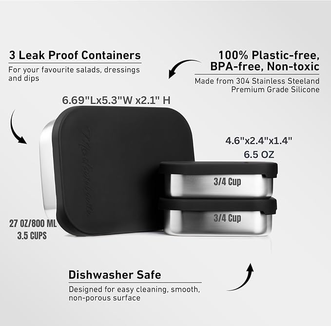 Leak proof Stainless Steel Lunch Box containers | Stainless Steel bento box | Tupperware| Sandwich ,Snacks container| Meal prep| Snack |Metal lunch box| Korean Lunch Box| Black|27 Oz+ 2*6.5Oz