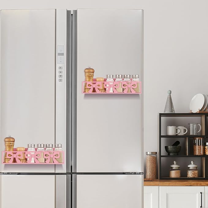 2 Pack Bow Magnetic Spice Rack for Refrigerator Metal Magnet Basket Shelf for Fridge Seasoning Storage Organizers Home Decor Kitchen Accessories (Pink)