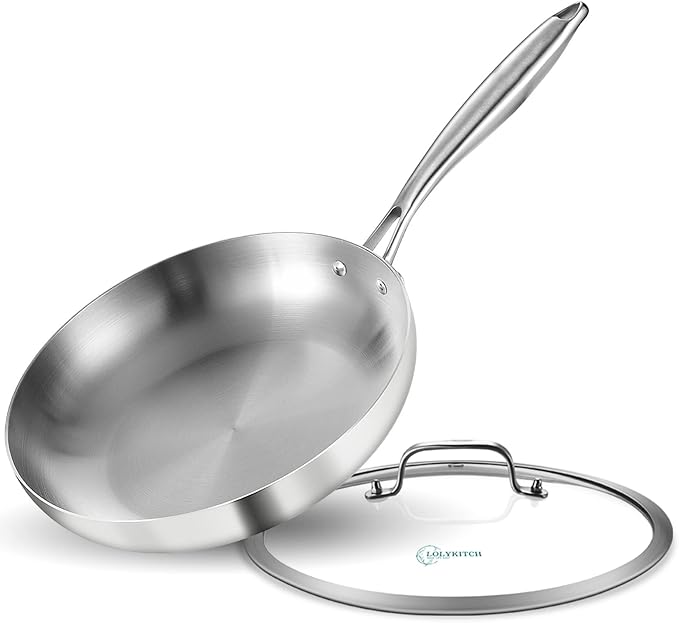 LOLYKITCH 9.5 Inch Tri-ply Stainless Steel Frying Pan with Lid,Skillet,Induction Cooking Pan,Dishwasher and Oven Safe,Riveted Handle.