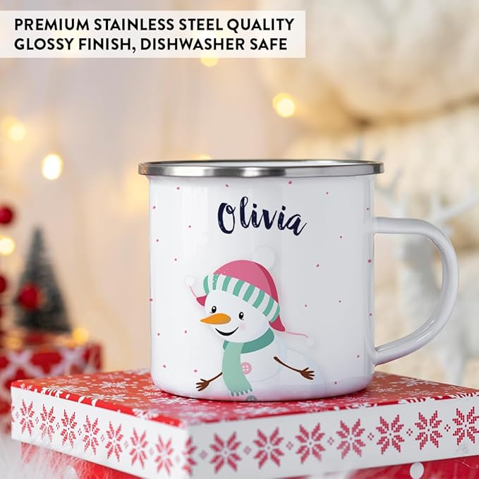 Andaz Press Personalized Name 11oz. Kids Christmas Hot Chocolate Stainless Steel Campfire Coffee Mug, Charming Snowman Aqua Scarf, 1-Pack, Custom Birthday Xmas Cup Kids Mugs For Hot Chocolate