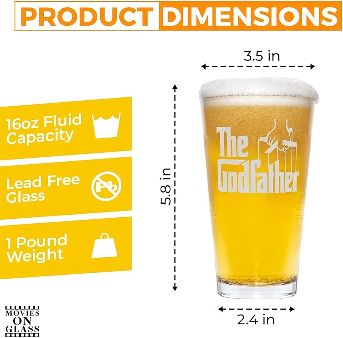 The Godfather Etched Pint Beer Glass - Officially Licensed, Premium Quality, Handcrafted Glassware, 16oz. - Perfect Collectible Gift for Movie Lovers, Birthdays & Special Occasions