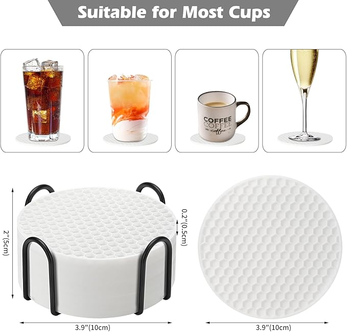 Silicone Coasters Set of 8 with Holder, Drinks Coasters, Beer & Coffee, Suitable for All Cups, Hot or Cold, Anti-Slip, Non-Stick, Anti-Overflow Tabletop Protection and Decor (8 Pcs, White)