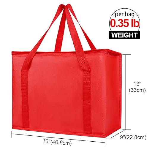 Bodaon 4-Pack Insulated Reusable Grocery Bag with Zippered Top, X-Large Cooler Bag for Picnic, Food Delivery Bags, Insulated Pizza Delivery Bags, Red