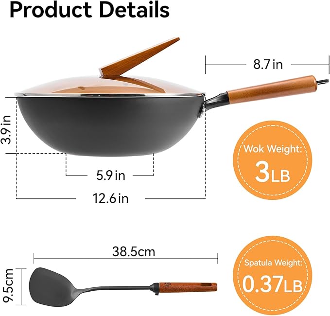 WANGYUANJI 12.6 Inch Wrought Iron Wok with Standable Glass Lid, Chemical-Free Flat Bottom Stir Fry Pan for Induction, Gas, and Electric Stoves