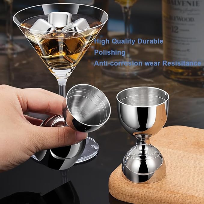 Bell Cocktail Jigger with Measuring Marks (1oz, 2oz) and Mixing Spoon - Bartender Set