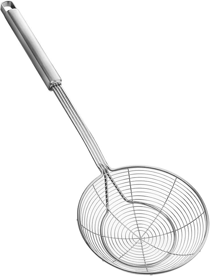 YFWOOD 5.5 Inch Spider Strainer Skimmer, Reinforced Double Coil Wire Skimmer with Large Handle Solid Stainless Steel Strainer Ladle,for Kitchen Deep Frying Food Spaghetti Noodle (1 - Piece)