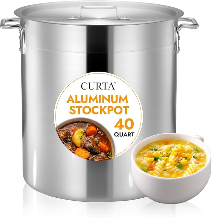 CURTA 40 Quarts Aluminum Stock Pot with Lid, Heavy Duty Commercial Grade Large Capacity Cooking Pot for Boiling, Stewing, Great for Kitchen, Restaurant, Catering, and Home Use,NSF certified