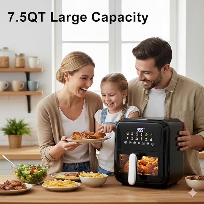 HealSmart 7.5QT Large Capacity Air Fryer, 12-in-1 Digital Preset & DIY Function Airfryer with Visible Window, Precise Temperature Control and Dishwasher Safe, Black