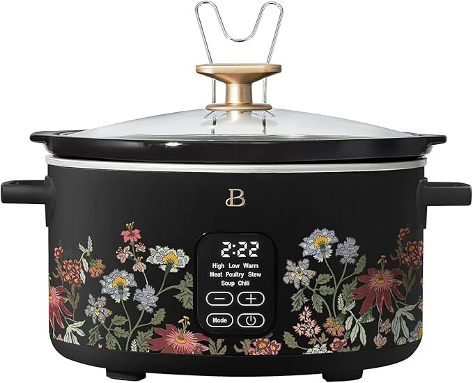 Beautiful 6 Qt Programmable Slow Cooker by Drew Barrymore - 5 Preset Cooking Functions, Digital Countdown Timer, Dishwasher-Safe Parts, and Cool-Touch Handles (Wildflower Black Sesame)