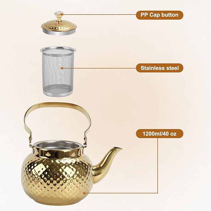 Hammered Tea Kettle, Stainless Steel Tea/Coffee Pot Loose Leaf Teapot for Tea, Milk, Coffee, 1.2L Teapot with Strainer Stovetop Tea Kettle, Outdoor Travel Supplies, Gift For Tea (Gold)