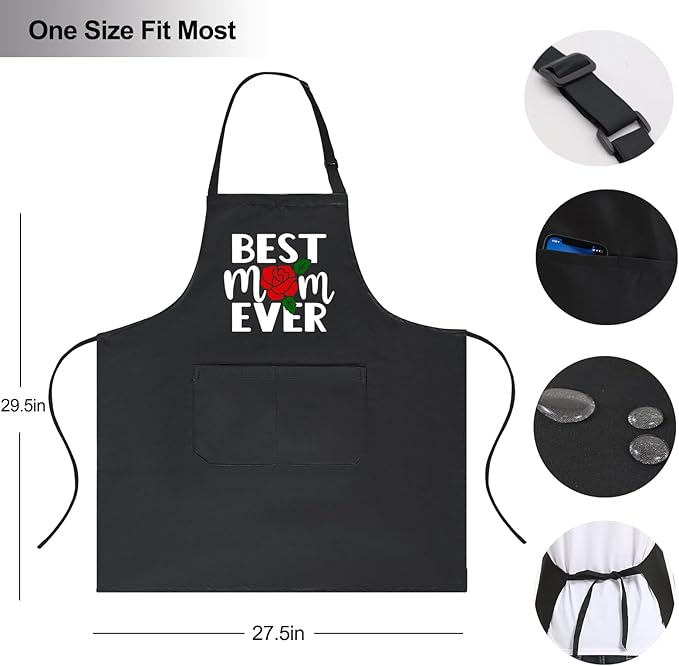 Cooking Aprons for Women with Pockets, Best Mom Ever Apron for Baking Kitchen Chef, Birthday Gifts for Mom Wife