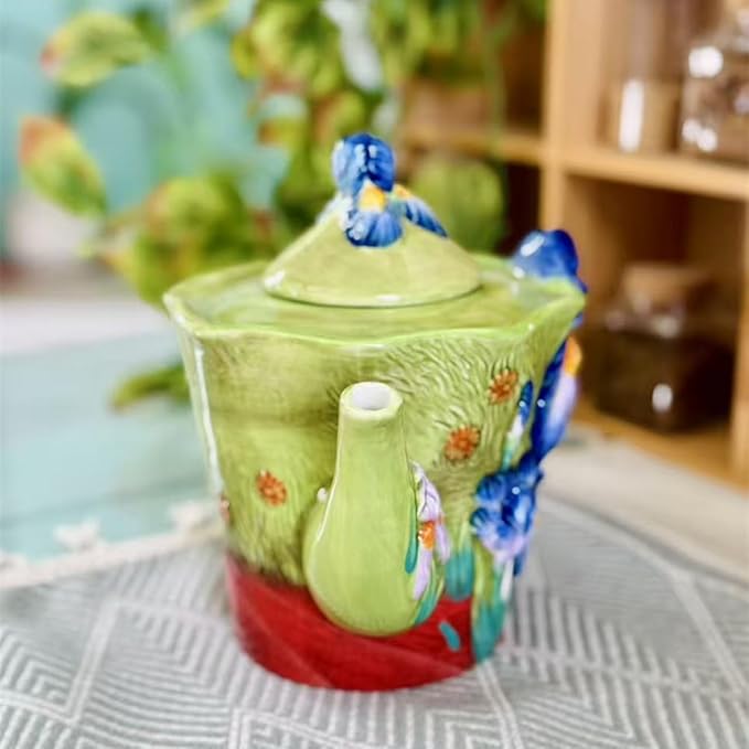 Ceramic Coffee Pot, 3D Hand-Painted 40oz Lrises Flower Teapot, Home Décor