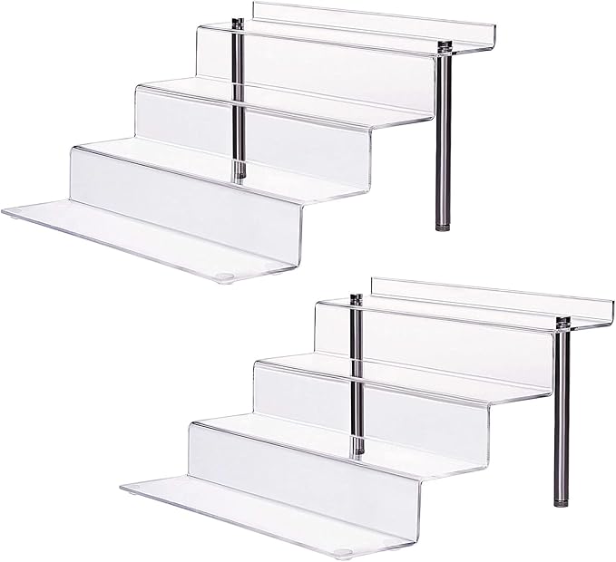 Acrylic Riser Shelf 4 Tier Clear Display Stand for Collectibles Pop Figures, Cupcakes, Perfumes, Display Risers for Decorating & Organizing - 11.8 x 10.8 x 6.5 in (Large, 2 Pack)