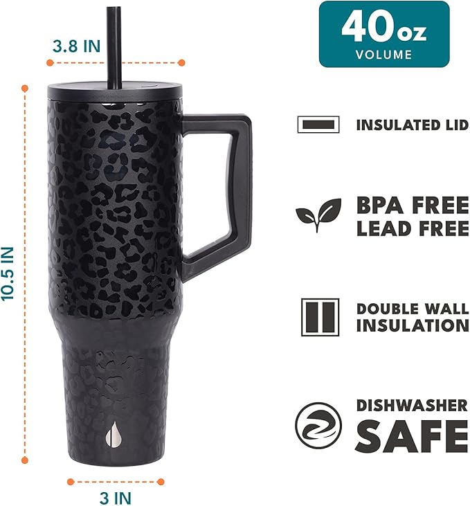 Elemental 40 oz Tumbler with Handle and Straw - Spill Proof Insulated Stainless Steel Commuter for Hot and Cold Beverages - Travel Coffee Mug with 2 Straws & Spill Proof Lid - 40oz - Black Leopard