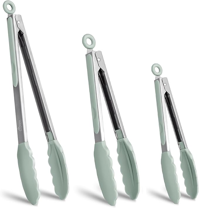 HOTEC Premium Stainless Steel Locking Kitchen Tongs with Silicon Tips, Set of 3-7", 9" and 12" (Light Green)
