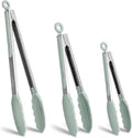 HOTEC Premium Stainless Steel Locking Kitchen Tongs with Silicon Tips, Set of 3-7", 9" and 12" (Light Green)