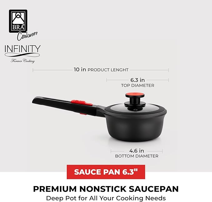 BRA COOKWARE Infinity Nonstick Saucepan with Glass Lid | 6.3 Inch 1.2 Quart Deep Pot | PFAS Free Soup Pot | Deep Pan Ideal for Boiling or Warming on All Cooktops incl. Induction | Removable Handle