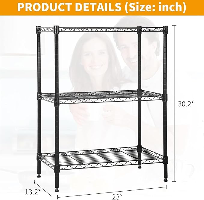 3 Tier Shelf Adjustable Wire Shelving Unit Metal Shelves with Leveling Feet Storage Rack for Kitchen Bathroom Utility Shelf Space Saving, 450lbs Capacity, 13"x23"x30"H, Black