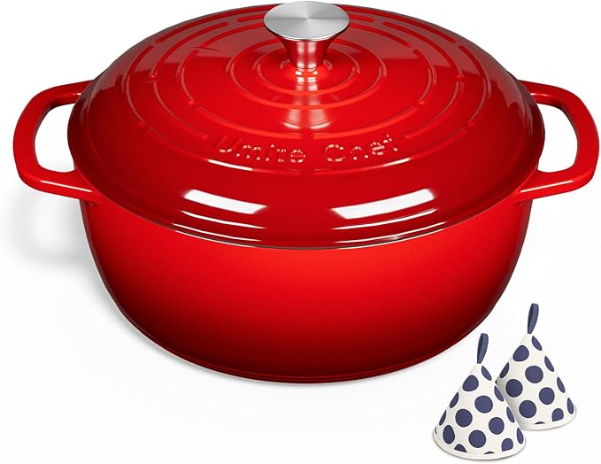 Umite Chef 6QT Enameled Cast Iron Dutch Oven with Lid, Versatile Heavy-Duty Cookware Pot for Baking Bread, Braising, Soups & Stews, Oven & Stovetop Safe with Heat Resistant Gloves（Red）