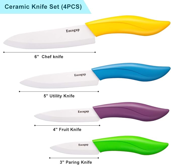 Updated Version Ceramic Knife Set 4-Piece Color with Sheaths (Includes 3" Paring Knife, 4" Fruit Knife, 5" Utility Knife, 6" Chef Knife) for Home Kitchen(Multicolour)