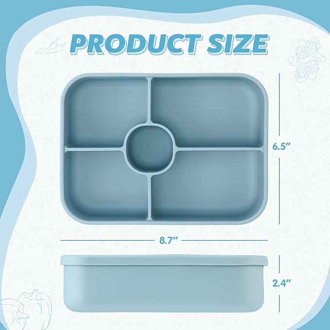 4 Pack Silicone Bento Boxes for Adults, 5 Compartment Reusable Lunch Containers with Sauce Section, Leakproof Meal Prep Snack Box Microwave & Dishwasher Safe for Work School Office(Blue)