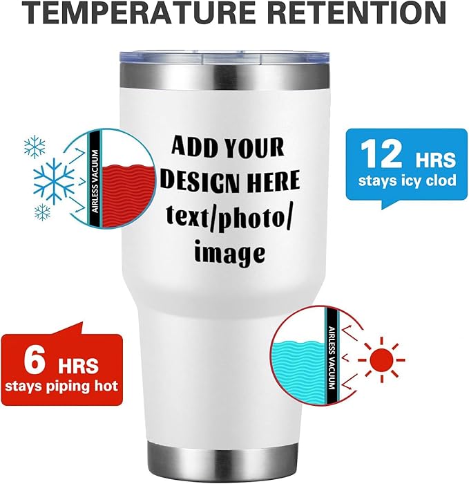 MEWAY Personalized Custom 30oz Stainless Steel Tumbler with Lid, Insulated Double Wall Vacuum Travel Coffee Tumbler Gifts with Text Photo Logo (White, 1pack)