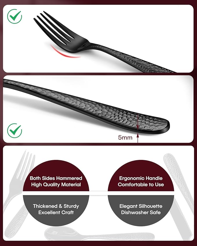 Hammered Black Silverware Set, EUIRIO 48 Pieces Flatware Set for 8, Heavy Duty Stainless Steel Cutlery, Food-Grade Utensil Sets Includes Spoons Forks and Knives, Mirror Finish Dishwasher Safe