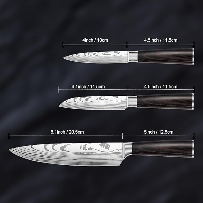 3-Piece Premium Japanese Kitchen Knife Set - Imperial Collection, Laser Damascus Pattern, 440A Stainless Steel Ultra Sharp for Fast Cutting (Redwood 3J)