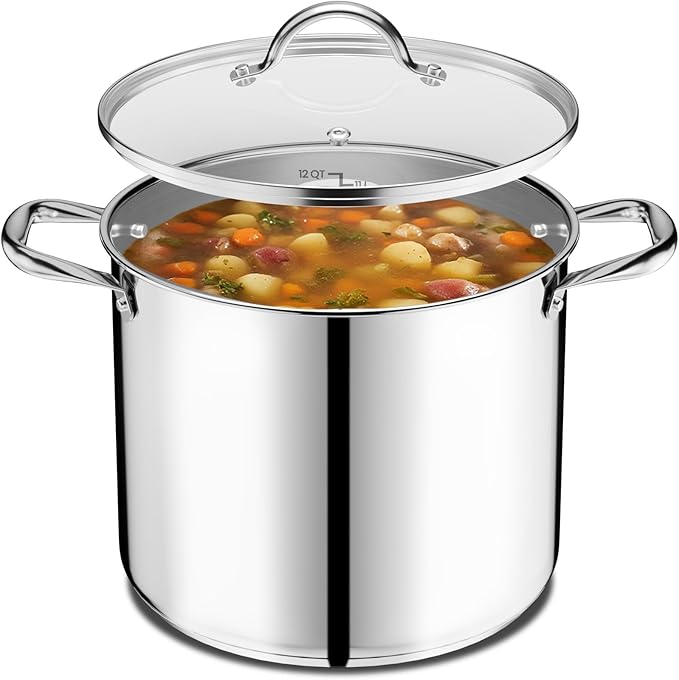 Stainless Steel Stockpot with Tempered Glass Lid 12 Quart, Durable 18/0 Stainless Steel, Impact-Bonded Base for Even Heating, Riveted Handles, Oven & All Stove Compatible, Safe Up To 500°F (260°C)