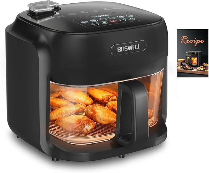 BOSWELL Glass Air Fryer, 7.5QT Borosilicate Bowl with Circulating Heat, Digital Touchscreen, 400°F Max Temp, Oil-Free Fryer with Mist Function, Dishwasher Safe (Black)