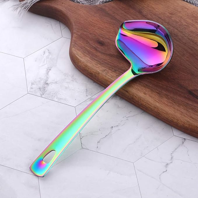Sauce Ladle, BYEGOU Drizzle Spoon with Spout Gravy Soup Ladle, Stainless Steel Kitchen Utensil, Mirror Polish & Dishwasher Safe, 8.67 Inch, Rainbow
