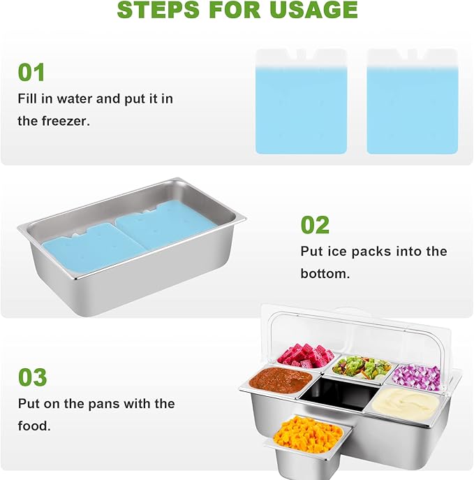 Countertop Ice Food Serving Display Container 6 Pans 2 Ice Packs Cooled Condiment Dispenser Salad Dressing Cold Serving Appetizer Cooler Spice Food Display Rack Sauce Organizer for Buffet