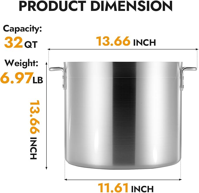 CURTA 32 Quart Aluminum Stock Pot with Lid, Heavy Duty Commercial Grade Large Capacity Cooking Pot for Boiling, Stewing, Great for Kitchen, Restaurant, Catering, and Home Use,NSF certified