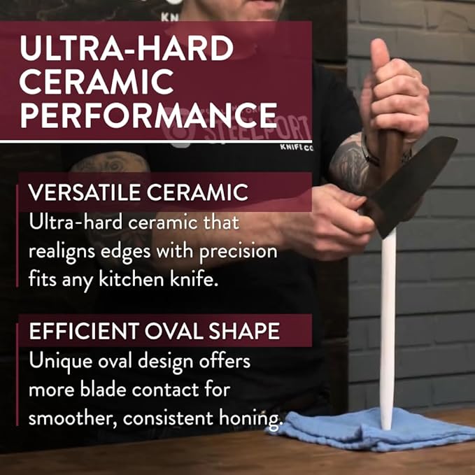 STEELPORT 12 inch Oval Ceramic Honing Rod | Professional Knife Sharpener Rod with Oregon Black Walnut Handle, Safety Guard | Premium Blade Sharpener For All Knifes | Ideal Gift for Chefs, Home Cooks