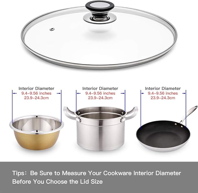 Glass Lid for Frying Pan, Fry Pan, Skillet, Pan Lid with Handle Coated in Silicone Ring,9.5"/24cm, Clear