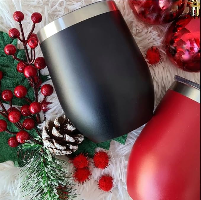 CHILLOUT LIFE 12 oz Stainless Steel Wine Tumblers 4 Pack - Double Wall Vacuum Insulated Wine Cups with Lids and Straws Set for Coffee, Wine, Cocktails - Powder Coated Black