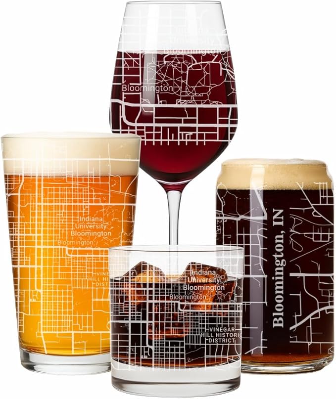 Blue Ridge Mountain Gifts - Bloomington Souvenir - Indiana Glassware Gift, Etched City Map, Laser Engraved and Dishwasher Safe
