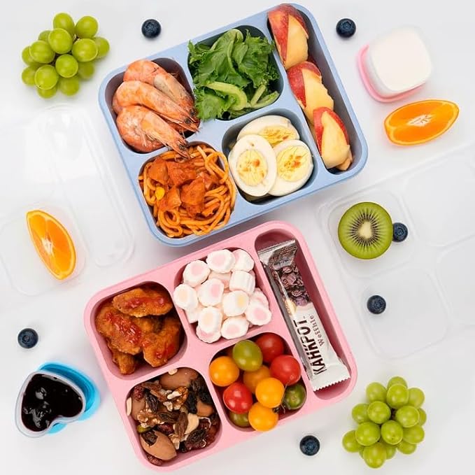 Bento Box Adult Lunch Box 5 Compartment Snack Containers for Kids, Stackable Lunch Containers Food Storage Box- Reusable Snack Container Box for School, Work, Travel, BPA-Free (4 Pack)