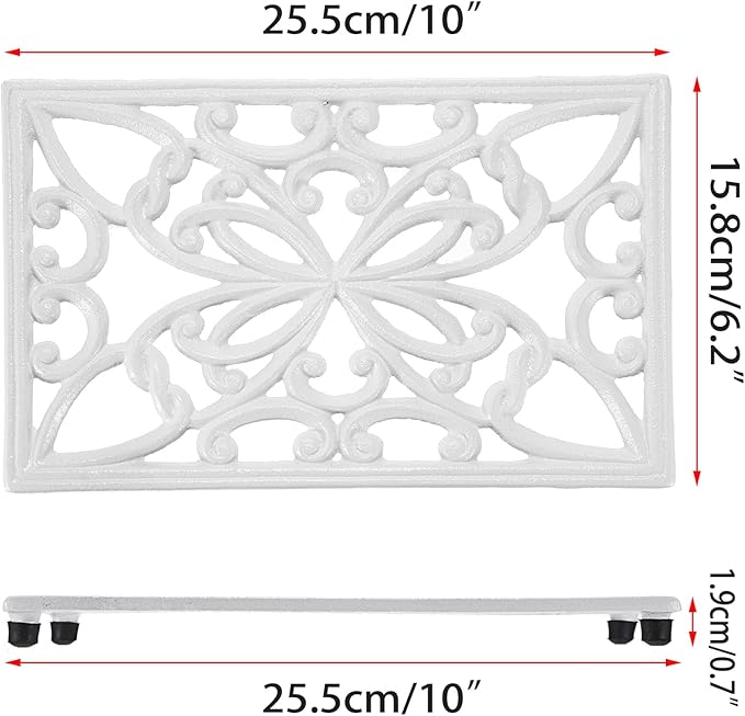 Sumnacon Rectangle 10 x 6.1 Inch Cast Iron Trivet - Rustic Heat Resistant Metal Trivet for Hot Dish Pot Pan Teapot, Vintage Sturdy Hot Plate Pad for Kitchen Dining Countertop Table,White