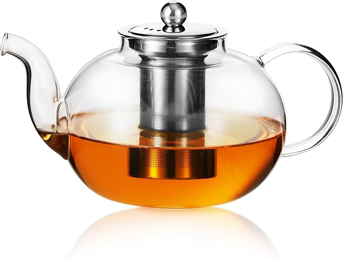 50OZ/1500ML Glass Teapot with Stainless Steel Removable Infuser & Lid, Stovetop & Microwave Safe Clear Borosilicate Glass Tea Maker Water Kettle for Loose Leaf Blooming Tea