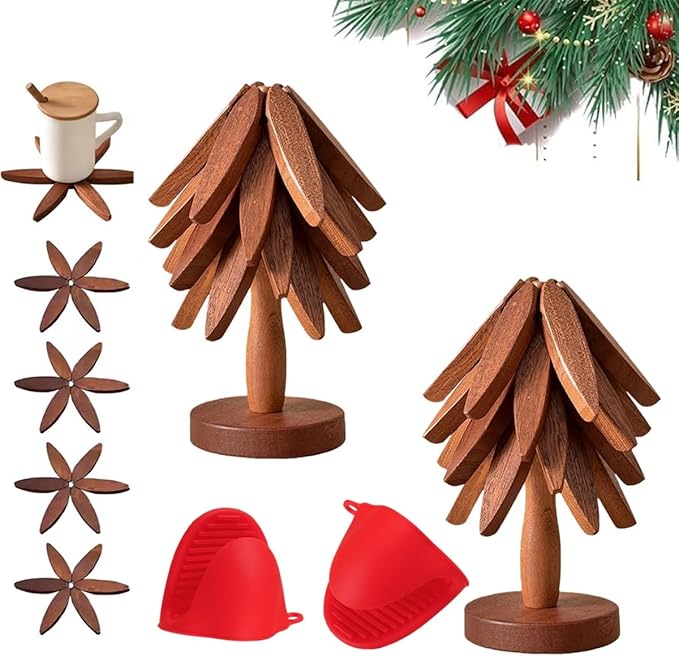 Christmas Tree Trivets Set of 4 for Hot Dishes, Natural Tree Trivet Set - 4 Wooden Trivets & 1 Stand Like a Christmas Trees, Kitchen Counter Decor Tools, Artisanal Wooden Coasters(Walnut-2pcs)