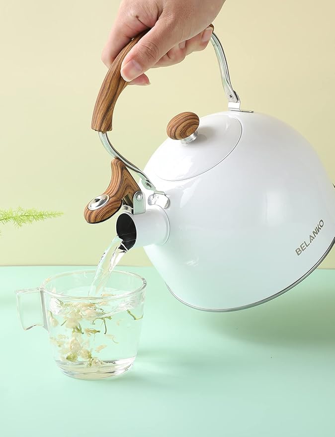 Tea Kettle, BELANKO 85 OZ / 2.5 Liter Whistling Tea Kettle, Tea Pots for Stove Top Food Grade Stainless Steel with Wood Pattern Folding Handle, Loud Whistle Kettle for Tea, Coffee, Milk - Gloss White